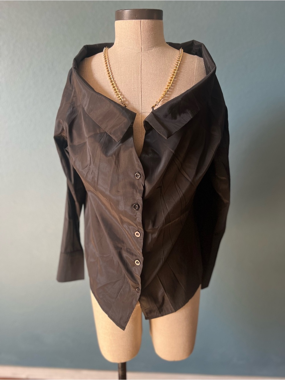 SHEIN Black Button-Front Wide Collar Blazer Jacket with attached chain accent